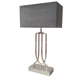 Srebrna lampa BUKA z szarym welurowym, prostokątnym abażurem do salonu